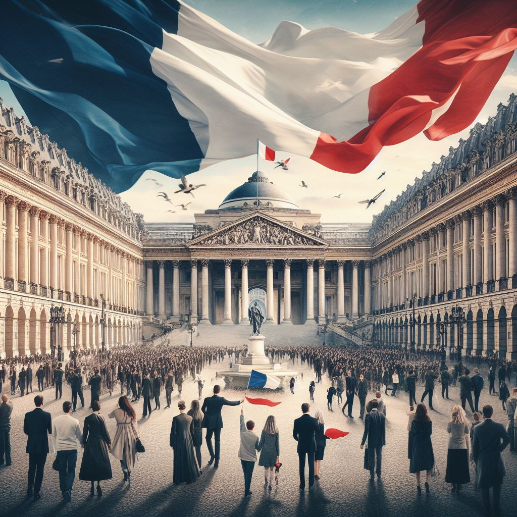 Image générée par l'IA: "IA french people holding french flag in the Elysee court"