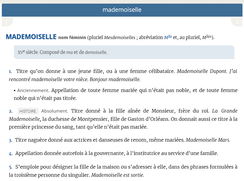 définition de mademoiselle dans le dictionnaire de l'académie française