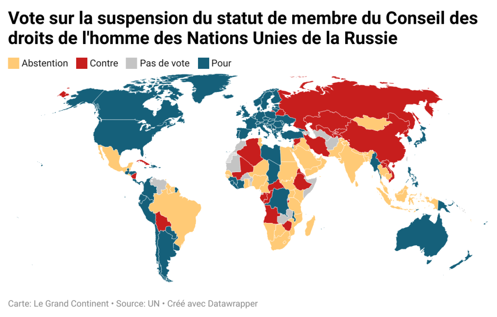 Résultat du vote sur une résolution à l’ONU visant à suspendre la Russie du Conseil des droits de l’homme des Nations Unies
